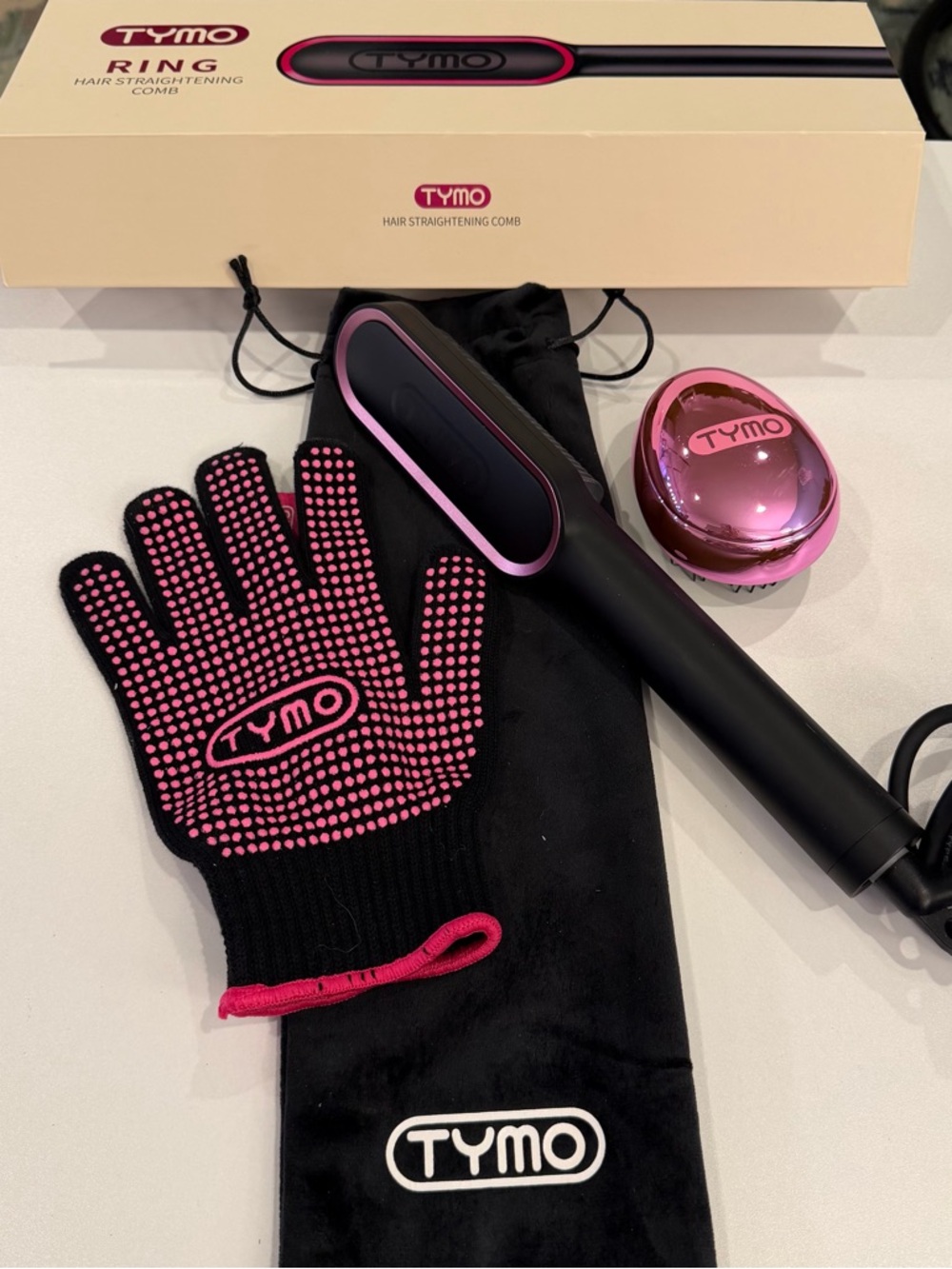 TYMO Ring Hair Straightening Comb Set Pink Black w/ Glove Brush Case